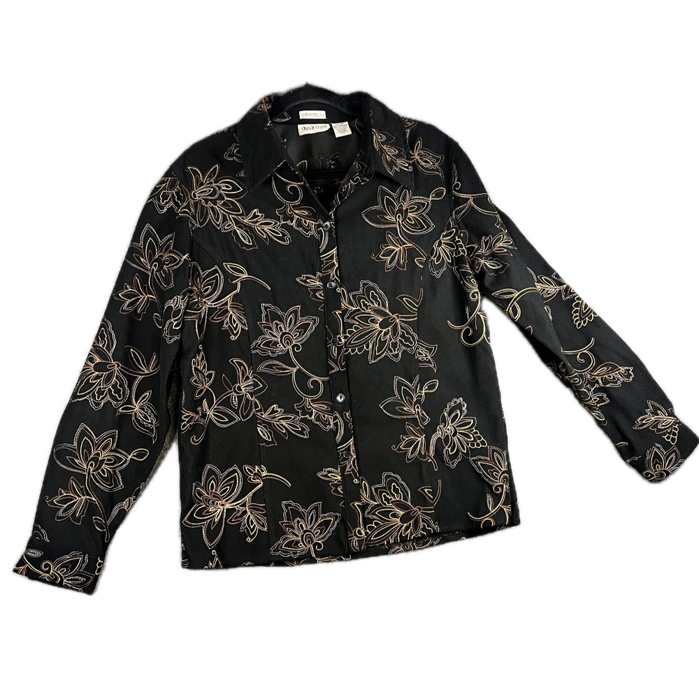 Vintage Apparenza Black Embroidered Floral Blouse Button Front Womens L